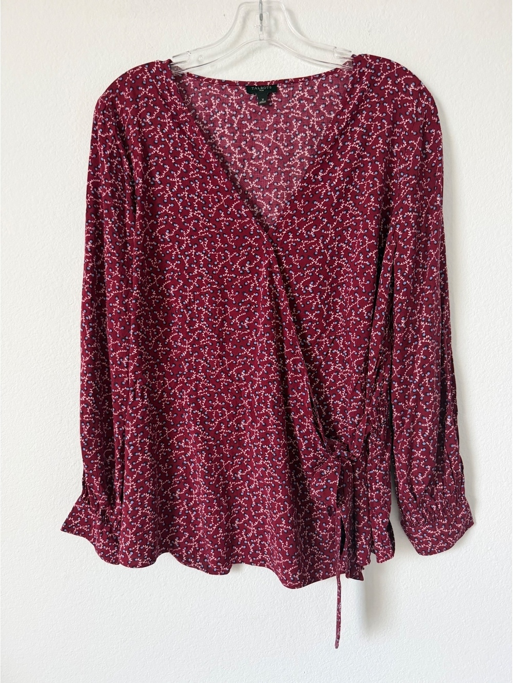 Talbots Burgundy Floral Long Sleeve V-Neck Faux Wrap Blouse Women's Size X (14w)